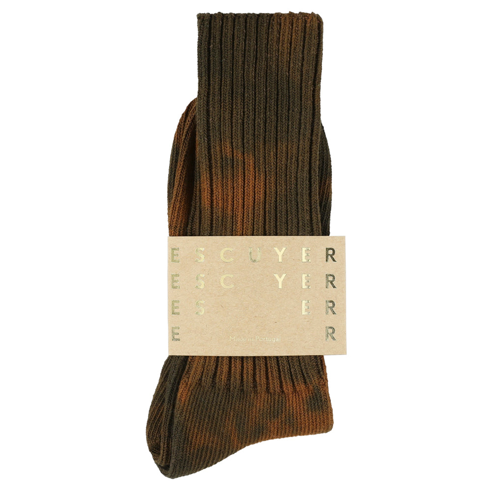 One-of-a-kind men's tie dye crew socks in brown and blue, hand-dyed, made in Portugal by Escuyer