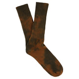 One-of-a-kind men's tie dye crew socks in brown and blue, hand-dyed, made in Portugal by Escuyer