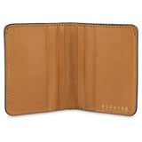 Escuyer blue camouflage slim wallet open — 6 card slots in natural leather interior