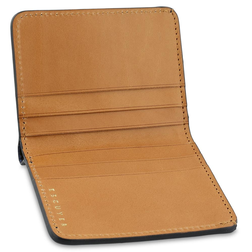 Escuyer blue camouflage slim wallet showing bill sleeve in natural leather interior
