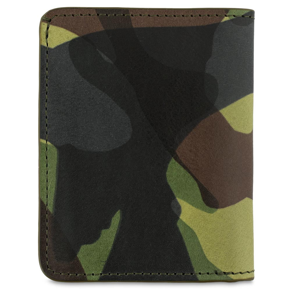 Escuyer light green camouflage slim wallet showing hand-dyed sage and olive camo pattern
