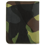 Escuyer light green camouflage slim wallet showing hand-dyed sage and olive camo pattern