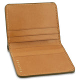Escuyer light green camouflage slim wallet showing bill sleeve in natural leather interior