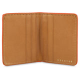 Escuyer orange camouflage slim wallet open — 6 card slots in natural leather interior