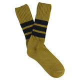 Men's striped crew socks in cumin and blue, slub cotton, made in Portugal by Escuyer