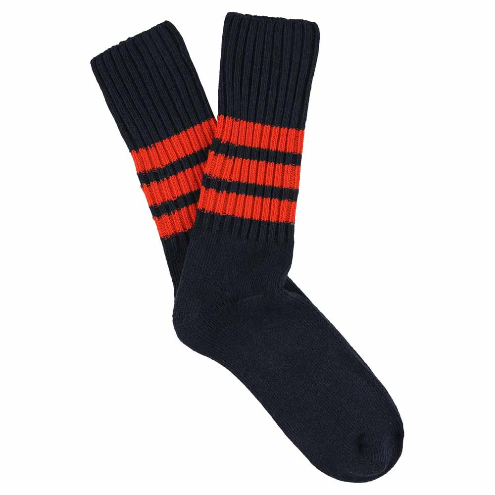 Men's striped crew socks in blue and orange, slub cotton, made in Portugal by Escuyer