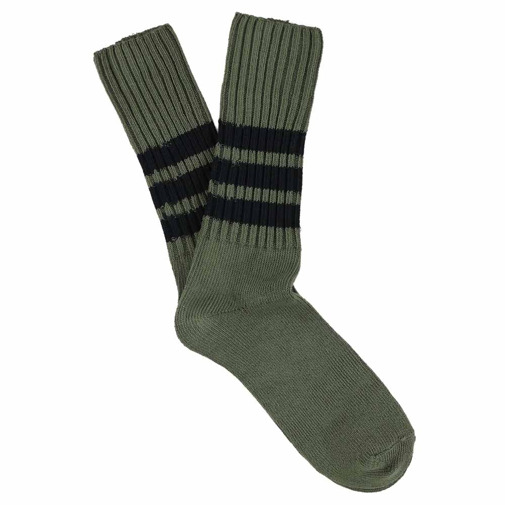 Men's striped crew socks in khaki and blue, slub cotton, made in Portugal by Escuyer