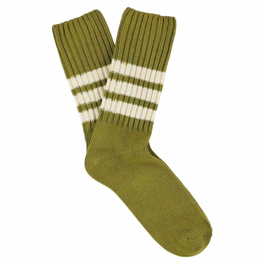 Men's striped crew socks in ecru olive and ecru, slub cotton, made in Portugal by Escuyer