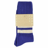 Men's striped crew socks in vintage blue and ecru, slub cotton, made in Portugal by Escuyer