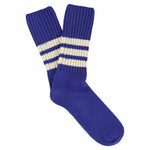 Men's striped crew socks in vintage blue and ecru, slub cotton, made in Portugal by Escuyer
