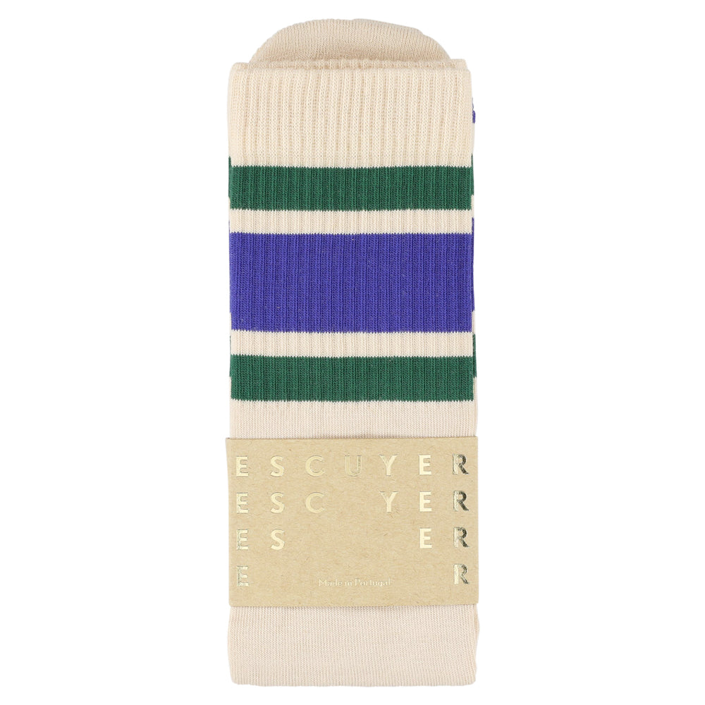 Unisex Tube Socks 3 Stripes Ecru Green Strong Blue - Escuyer