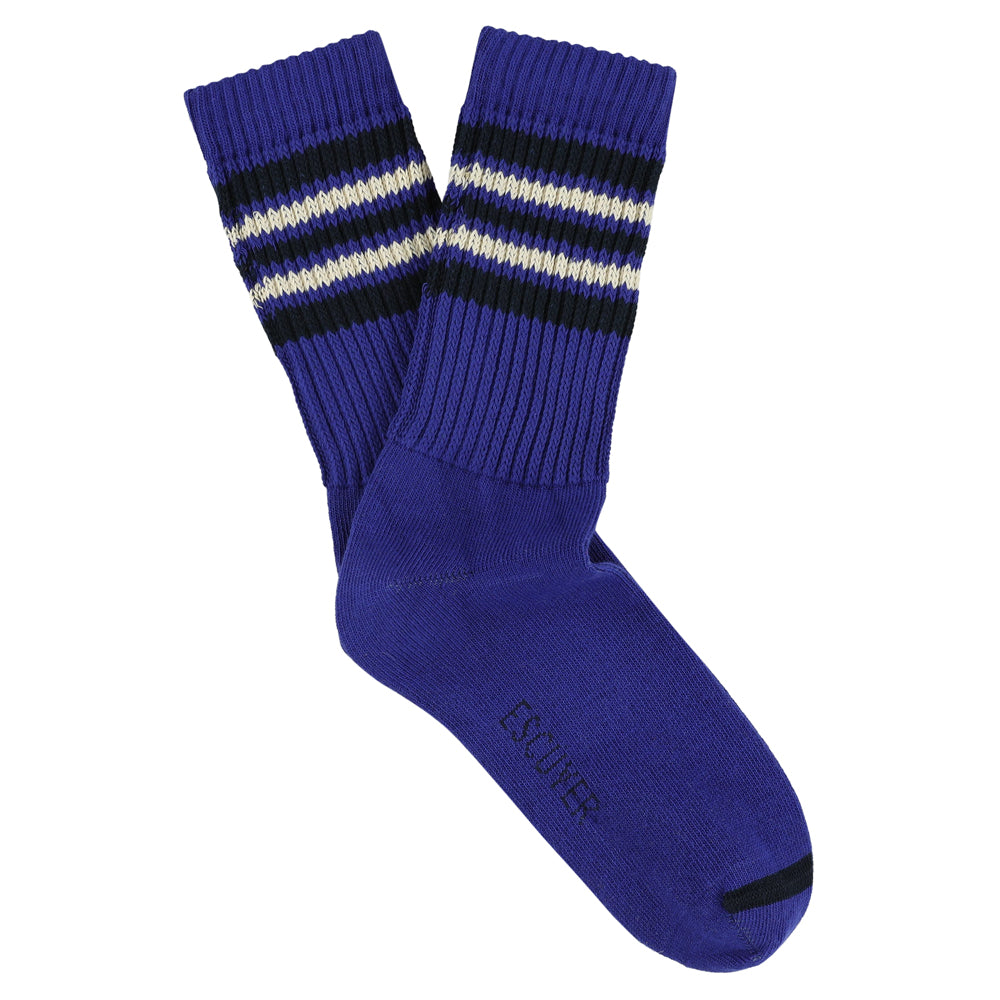 Escuyer Women's 5 Stripes Socks in bright blue, ecru and navy — vintage athletics design, knitted on vintage machines in Portugal