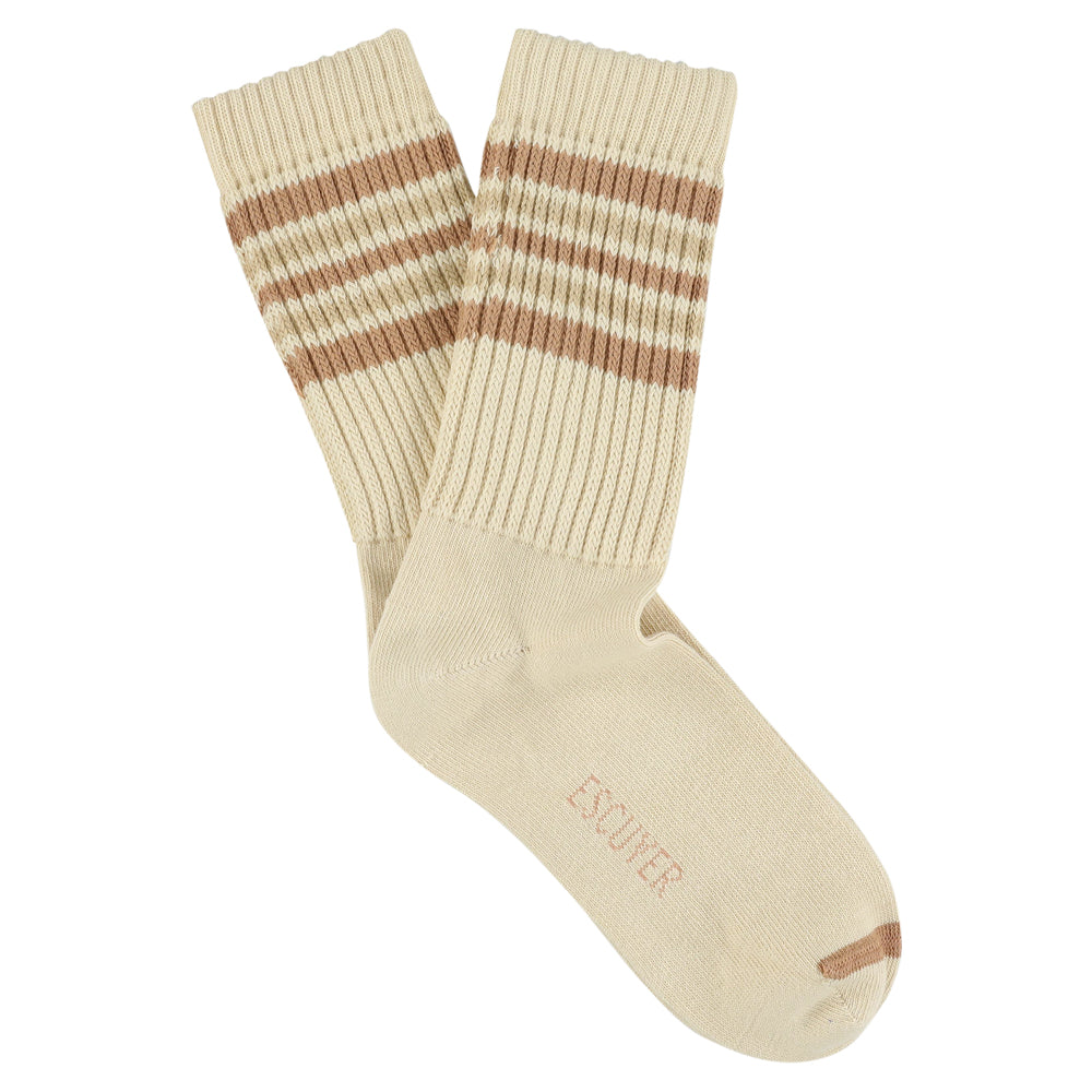 Escuyer Women's 5 Stripes Socks in bright ecru and pink — vintage athletics design, knitted on vintage machines in Portugal