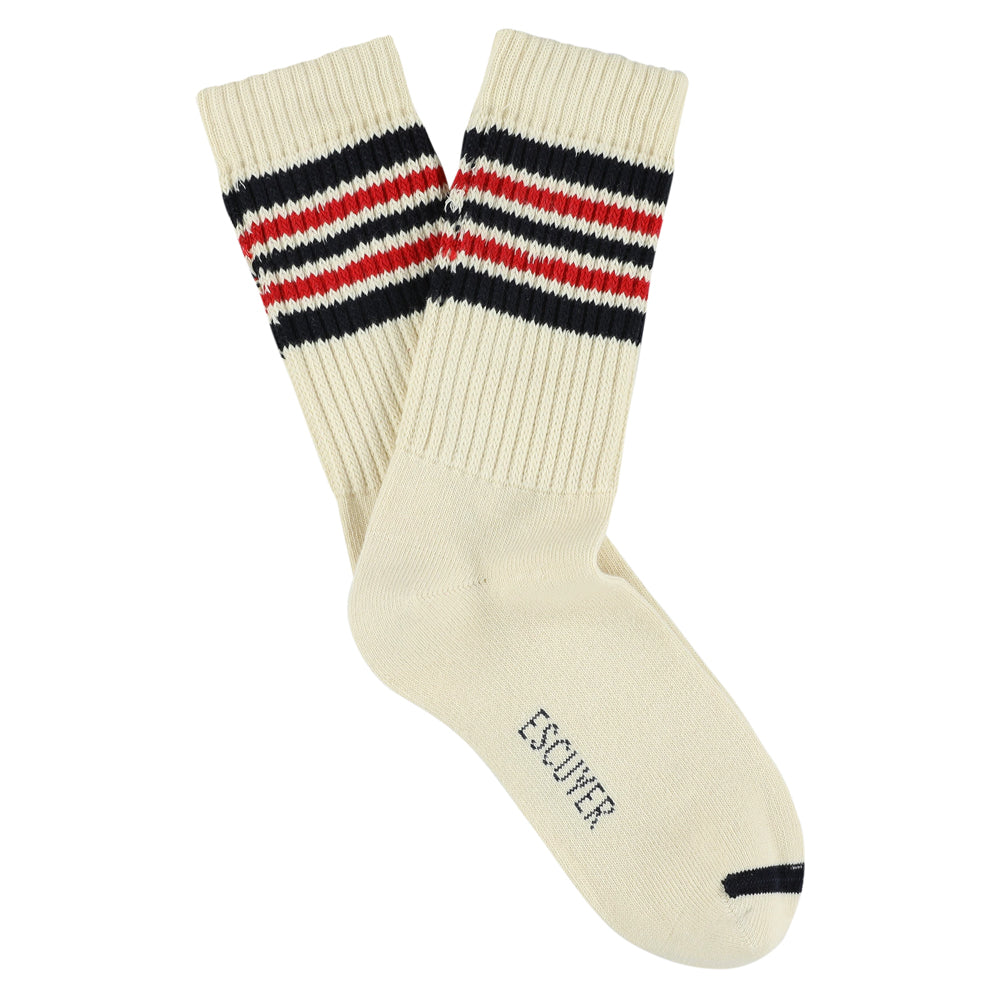 Escuyer Women's 5 Stripes Socks in ecru, blue and red — vintage athletics design, knitted on vintage machines in Portugal