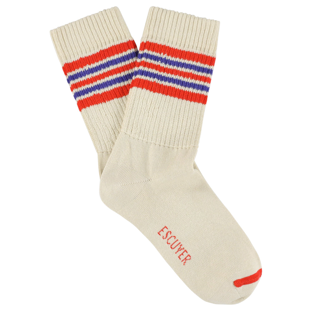 Escuyer Women's 5 Stripes Socks in ecru, orange and blue — vintage athletics design, knitted on vintage machines in Portugal