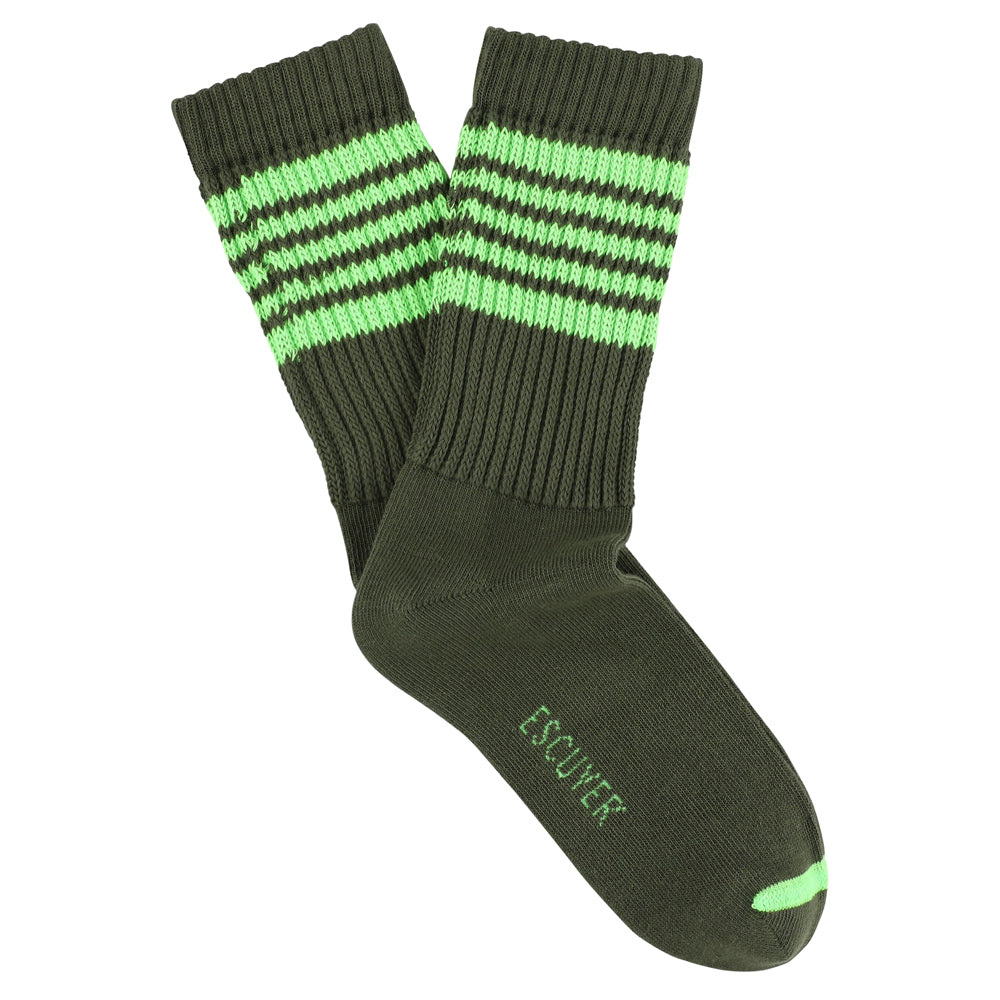 Escuyer Women's 5 Stripes Socks in green flash — vintage athletics design, knitted on vintage machines in Portugal