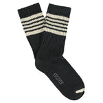 Escuyer Women's 5 Stripes Socks in off black and ecru — vintage athletics design, knitted on vintage machines in Portugal