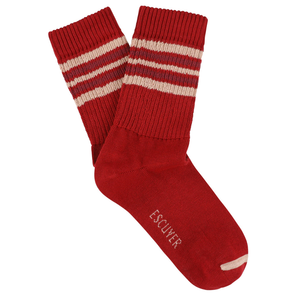 Escuyer Women's 5 Stripes Socks in red, pink and bordeaux — vintage athletics design, knitted on vintage machines in Portugal