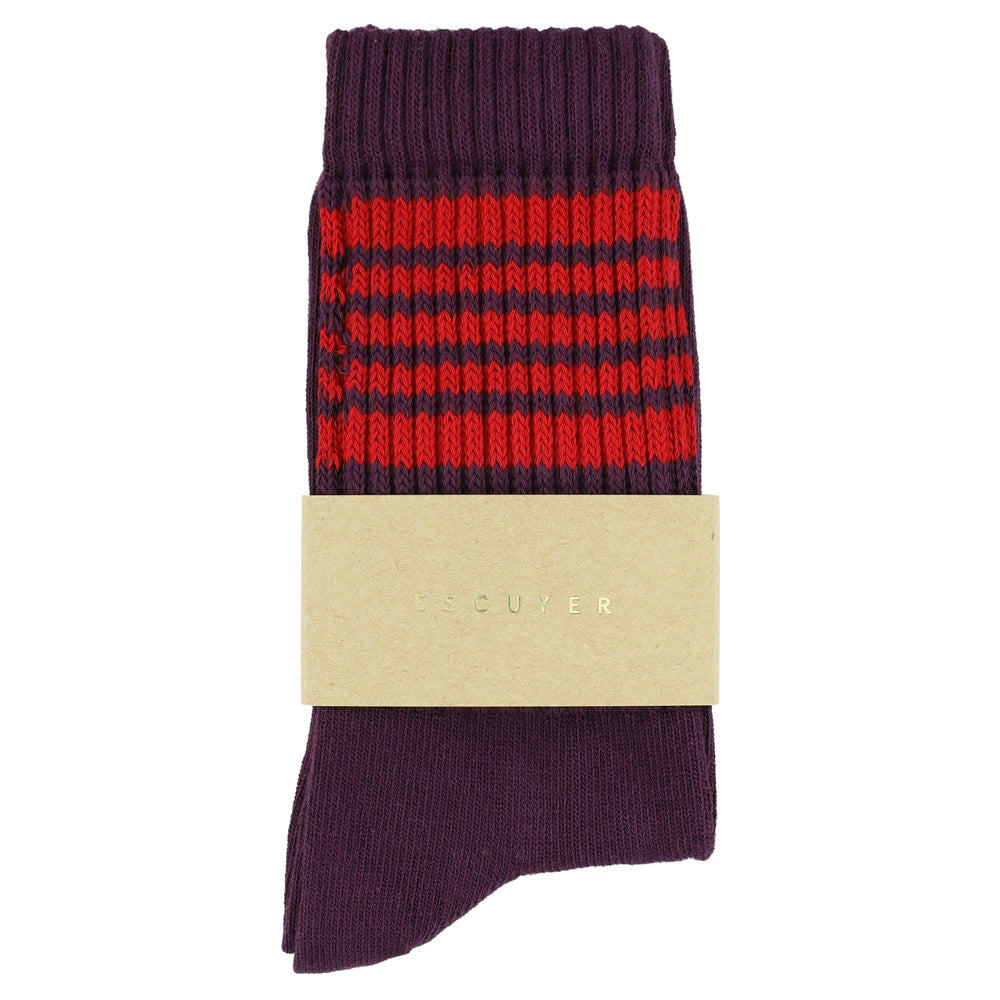 Escuyer Women's 5 Stripes Socks wine red — hand-linked toe, soft Italian cotton yarn, made in Portugal