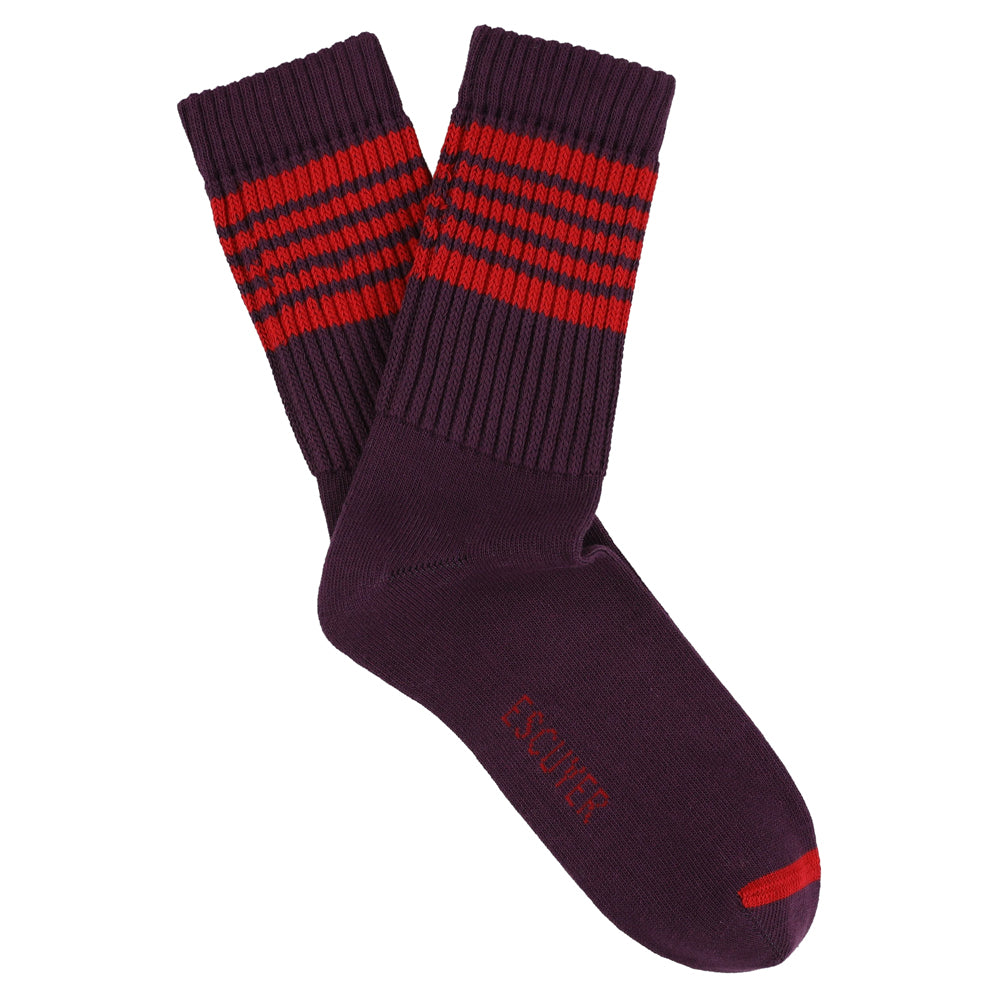 Escuyer Women's 5 Stripes Socks in wine and red — vintage athletics design, knitted on vintage machines in Portugal