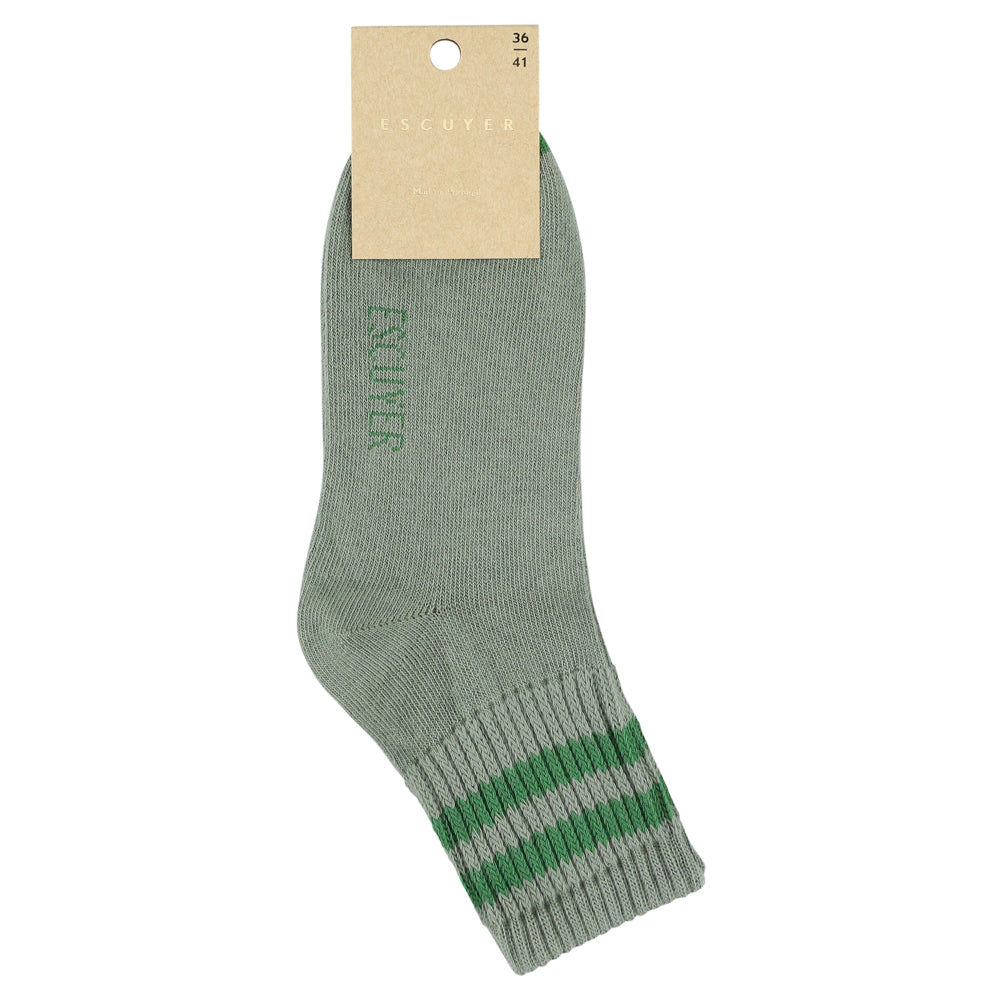 Close-up of Escuyer Women Striped Ankle Socks Agave / Green — earthy botanical stripe at the cuff