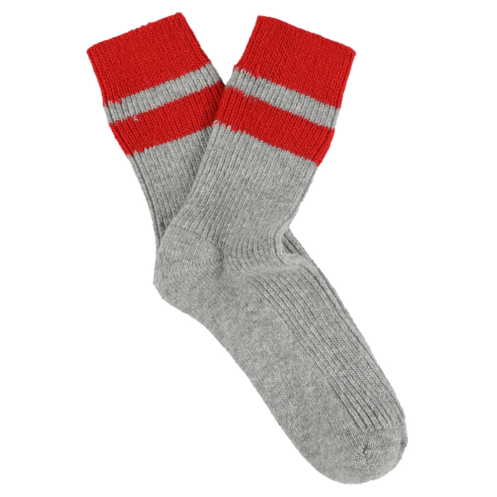 Escuyer women's striped cashmere socks in Grey and Red — mid-calf crew cut, premium cashmere and virgin wool blend, handmade in Portugal