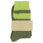 Close-up of Escuyer Khaki / Lime women's striped cashmere socks — 10% cashmere, 38% virgin wool, GRS certified recycled polyamide