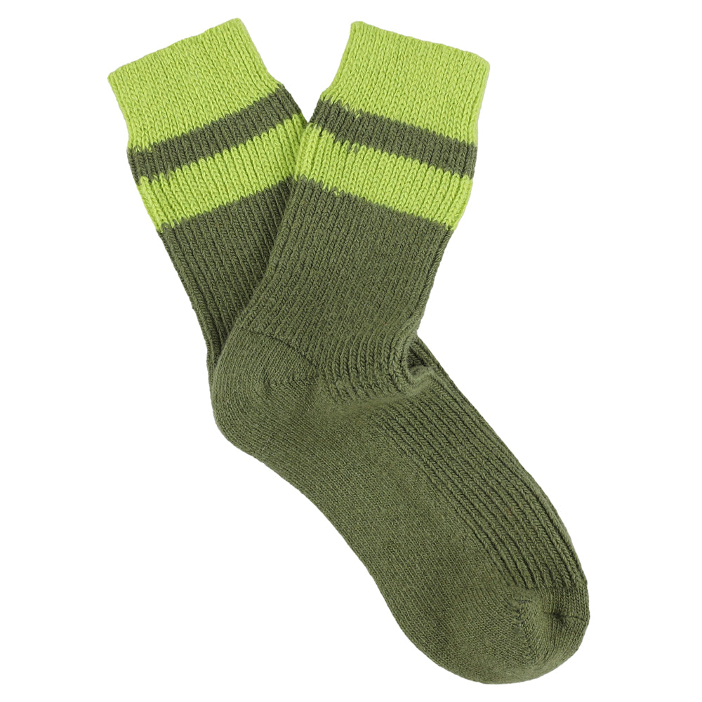 Escuyer women's striped cashmere socks in Khaki and Lime — mid-calf crew cut, premium cashmere and virgin wool blend, handmade in Portugal