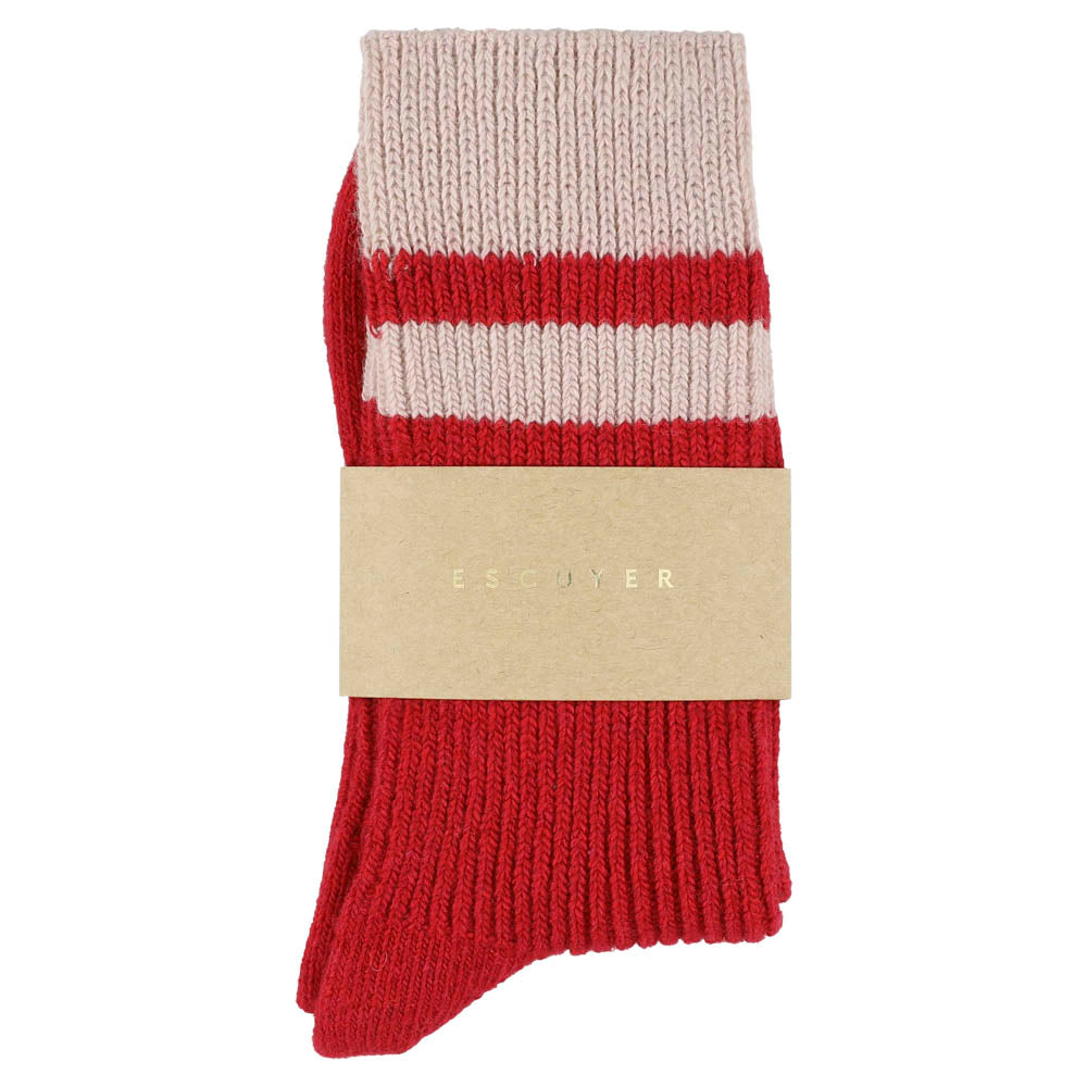 Close-up of Escuyer Red / Pink women's striped cashmere socks — 10% cashmere, 38% virgin wool, GRS certified recycled polyamide