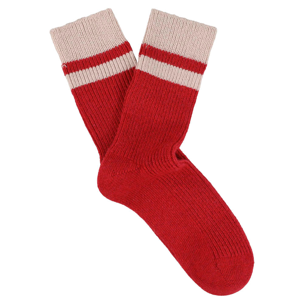 Escuyer women's striped cashmere socks in Red and Pink — mid-calf crew cut, premium cashmere and virgin wool blend, handmade in Portugal