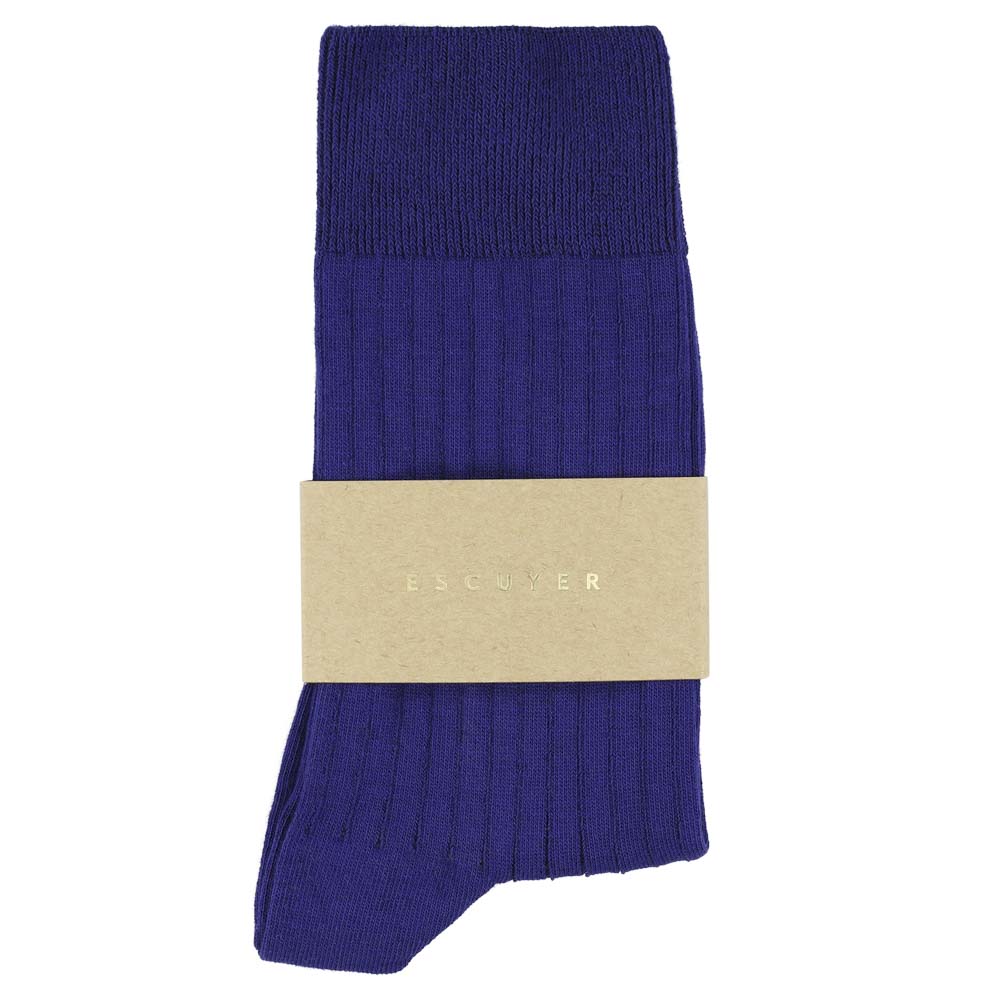 Escuyer Women Classic Ribbed Socks in Bright Blue – label detail, made in Portugal