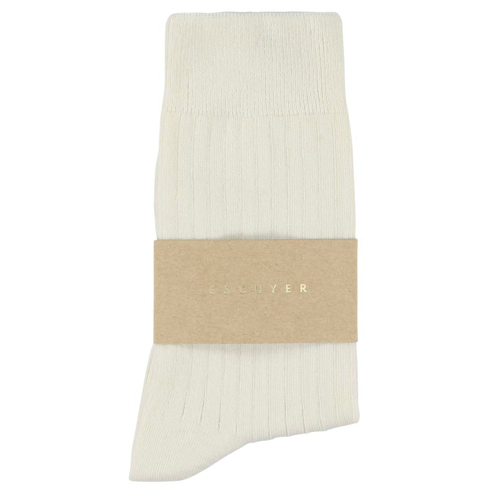 Escuyer Women Classic Ribbed Socks in Ecru – label detail, made in Portugal
