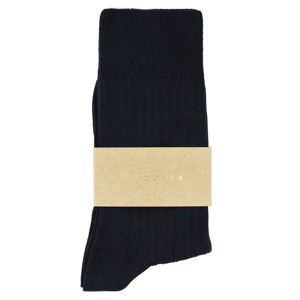 Escuyer Women Classic Ribbed Socks in Navy – label detail, made in Portugal