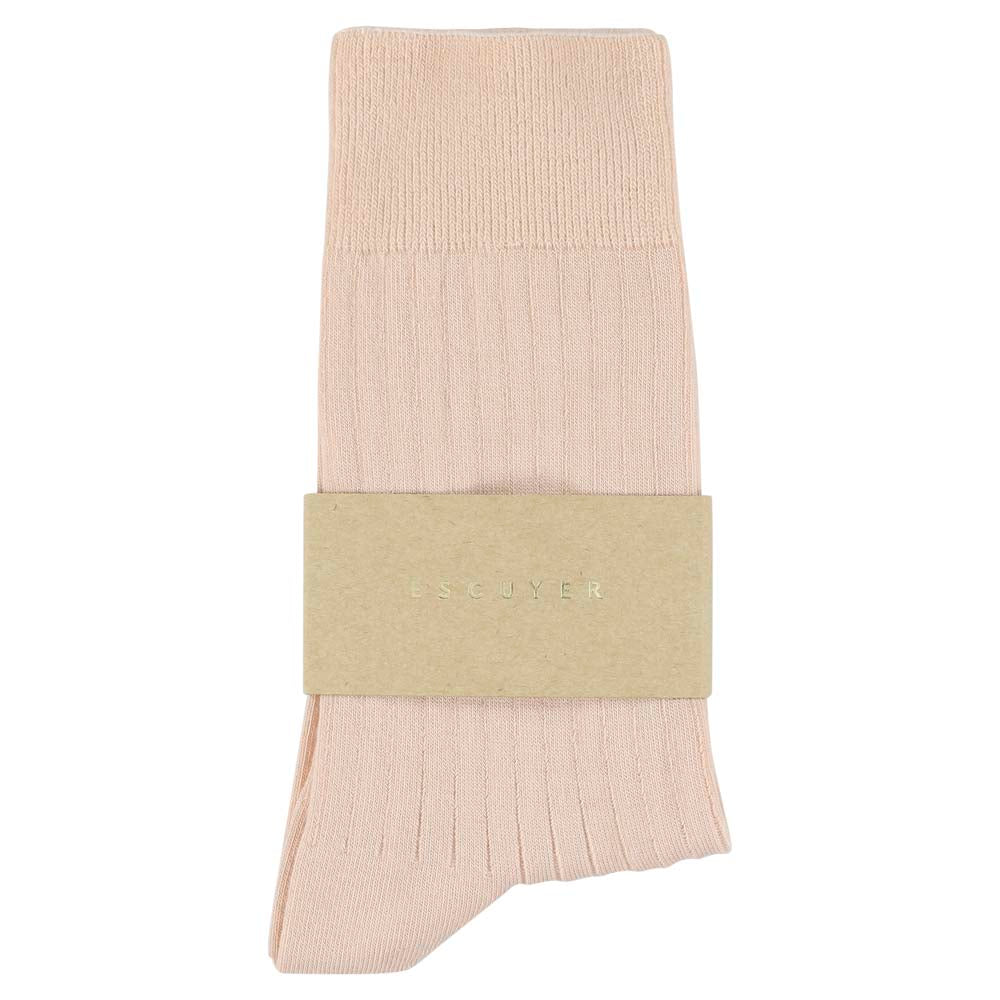 Escuyer Women Classic Ribbed Socks in Pink – label detail, made in Portugal