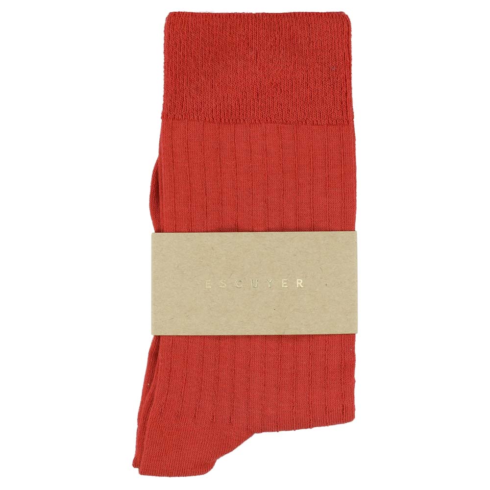 Escuyer Women Classic Ribbed Socks in Red – label detail, made in Portugal