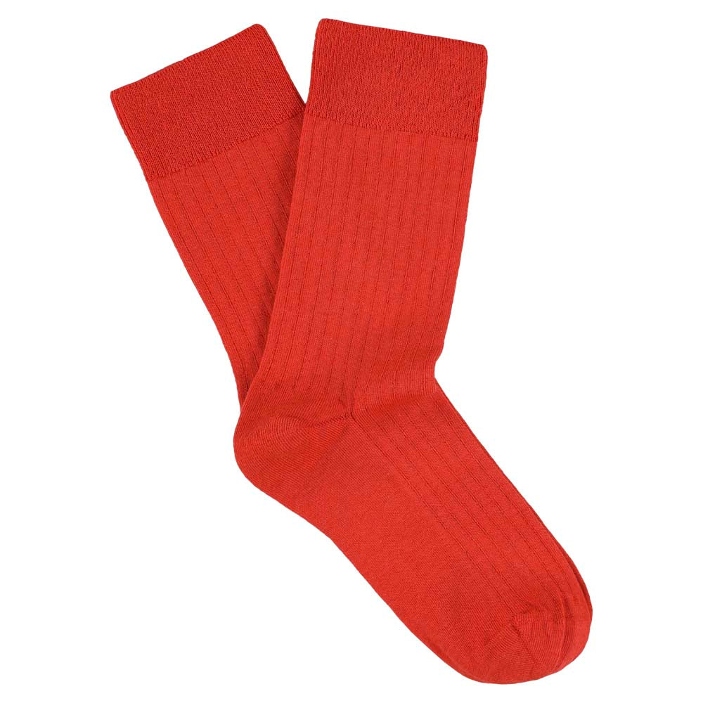 Escuyer Women Classic Ribbed Socks in Red – folded pair on white background