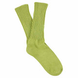 Women's ribbed crew socks in green banana, slub cotton, made in Portugal by Escuyer