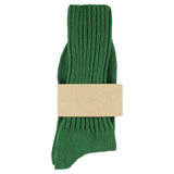 Women's ribbed crew socks in juniper green, slub cotton, made in Portugal by Escuyer