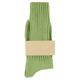 Women's ribbed crew socks in light green, slub cotton, made in Portugal by Escuyer