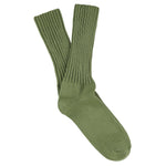 Women's ribbed crew socks in khaki, slub cotton, made in Portugal by Escuyer