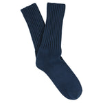 Women's ribbed crew socks in majolica blue, slub cotton, made in Portugal by Escuyer