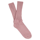 Women's ribbed crew socks in rose, slub cotton, made in Portugal by Escuyer