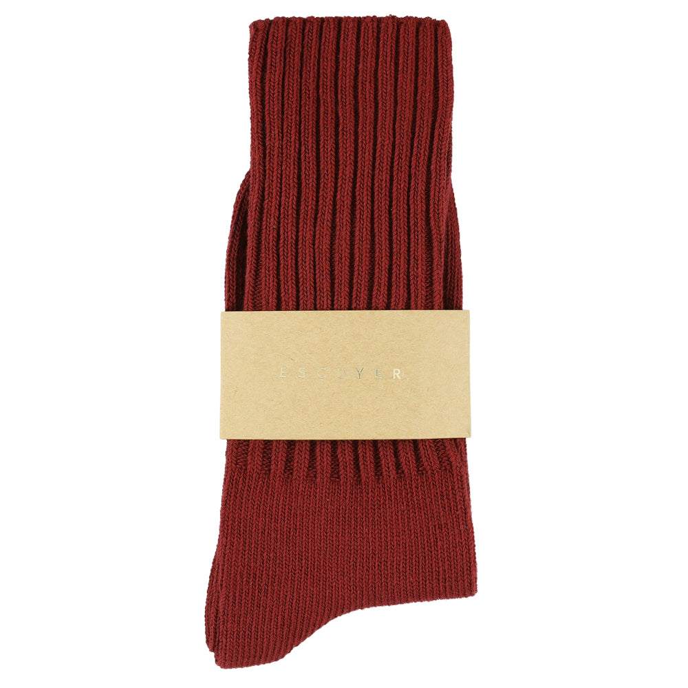 Women's ribbed crew socks in wine, slub cotton, made in Portugal by Escuyer