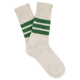 Women's striped crew socks in ecru and green, slub cotton, made in Portugal by Escuyer