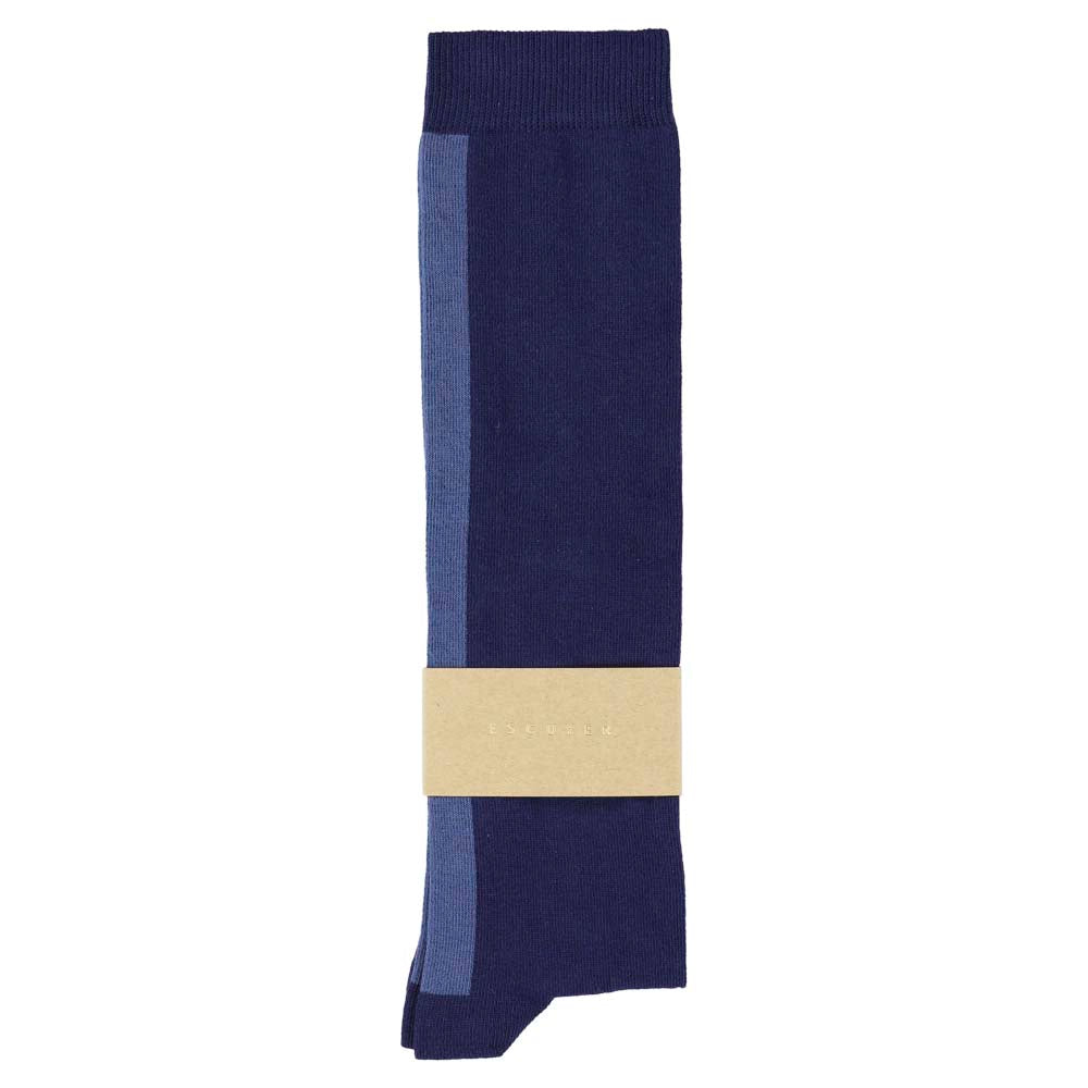 Close-up of Escuyer blue and light blue combed cotton knee high socks with hand-linked toe