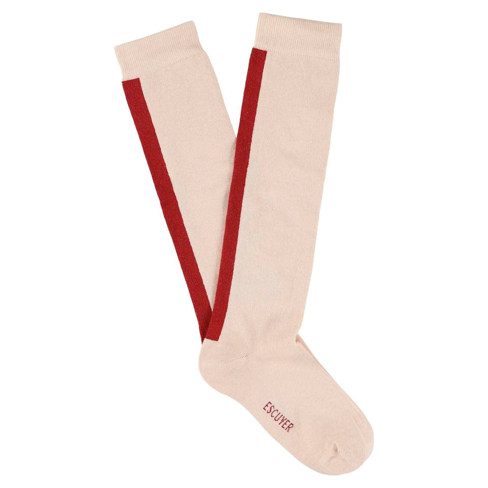 Women's pink and red knee high socks by Escuyer, made in Portugal