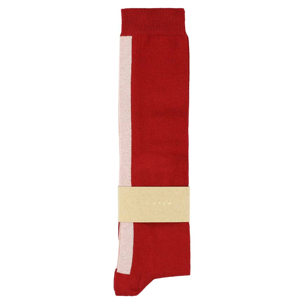 Close-up of Escuyer red and pink combed cotton knee high socks with hand-linked toe