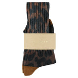 Women's leopard print crew socks in brown, slub cotton, made in Portugal by Escuyer