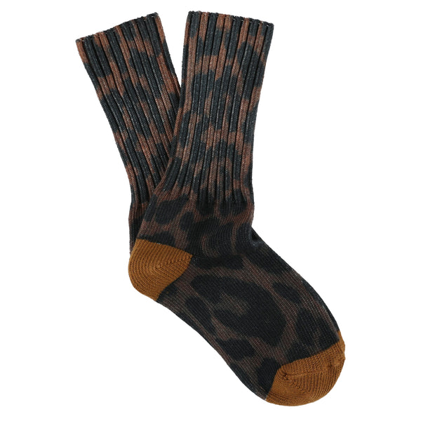 Women's leopard print crew socks in brown, slub cotton, made in Portugal by Escuyer