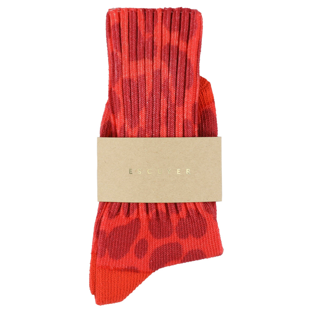 Women's leopard print crew socks in orange, slub cotton, made in Portugal by Escuyer